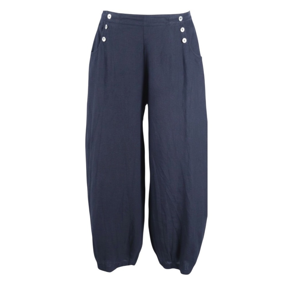 BRYN WALKER Blue Linen Genie Pants SAILOR BUTTONS Barrel Leg Crop Pull-On XS